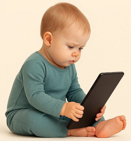Bebé mirando fijamente la pantalla de un móvil.