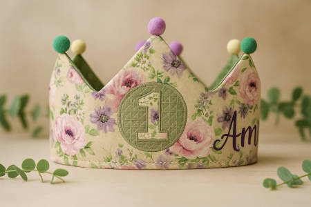 Coronas cumpleaños personalizadas. Corona de cumpleaños floral y suave para niña con flores rosas - InimbaKids