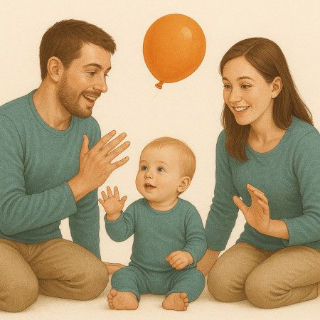Desarrollo del bebe sin pantallas papa y mama juegan con globo Padres y bebé jugando con un globo – Tiempo de calidad sin pantallas