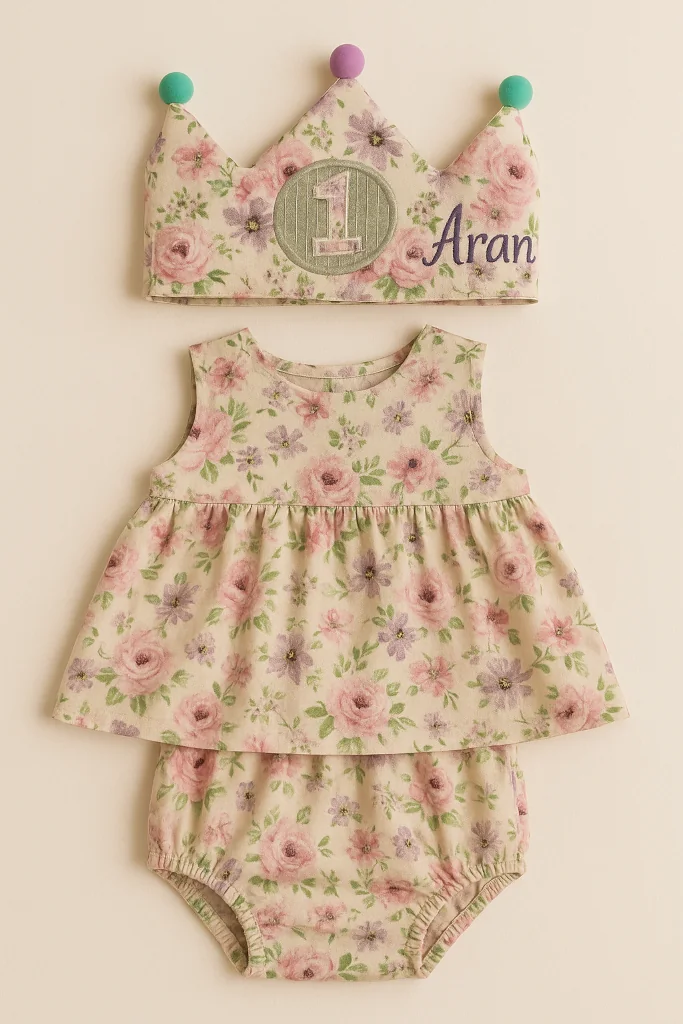 Conjunto de cumpleaños para bebé con corona de cumpleaños floral con rosas personalizada y vestido a juego