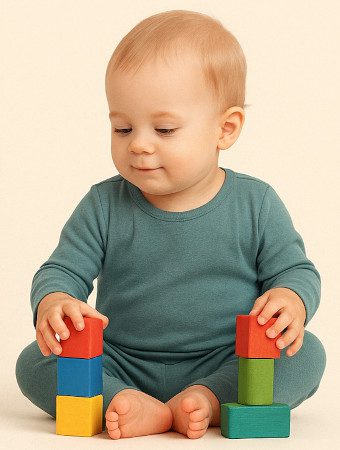 Bebé jugando en el suelo con juguetes de madera, una alternativa a las pantallas.
