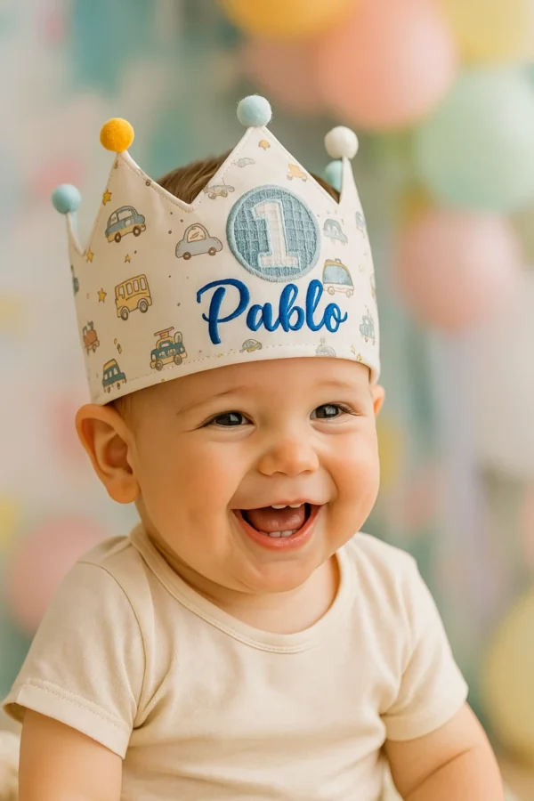 Bebé con corona de cumpleaños temática coches y vehículos personalizada
