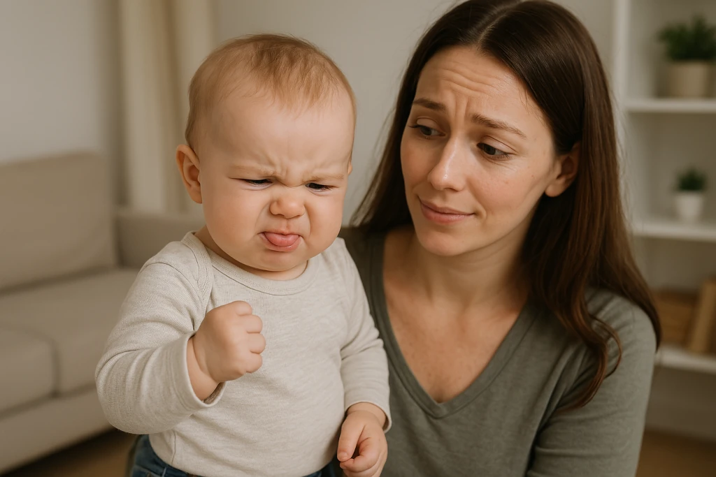 Bebé de 9 a 18 meses con gesto de frustración en el rostro, mientras su madre lo observa con ternura y comprensión, representando la importancia del acompañamiento respetuoso en la etapa en que los bebés pegan.